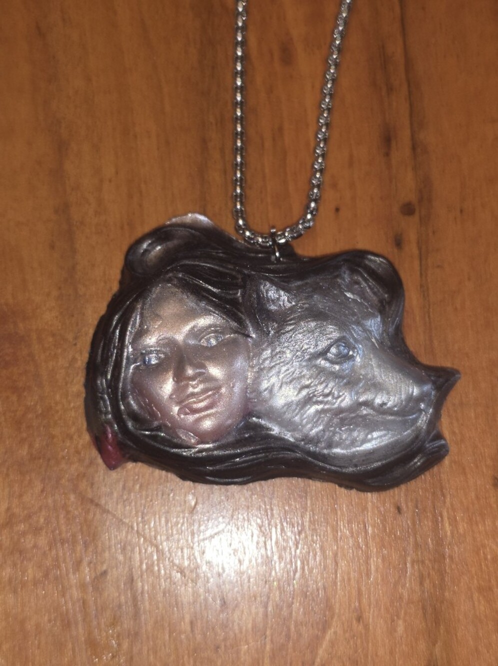 Native American Girl & Wolf Sculpted 3d Pendant, Silver Tone Stainless Necklace